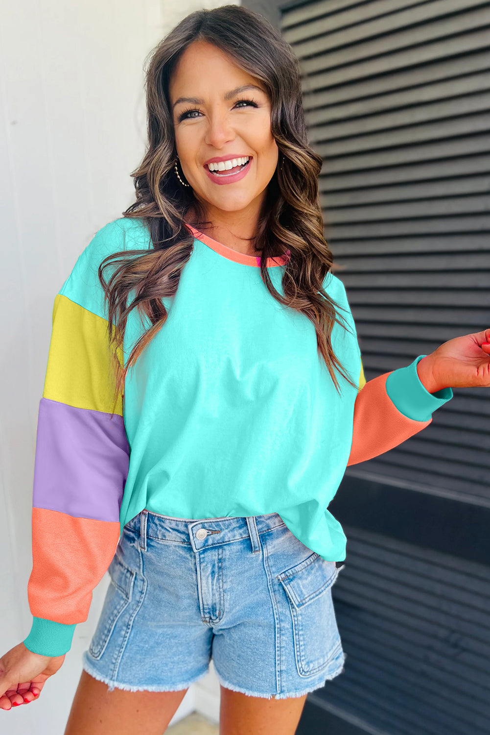 Multi Color Block Sleeve Loose Fit Top