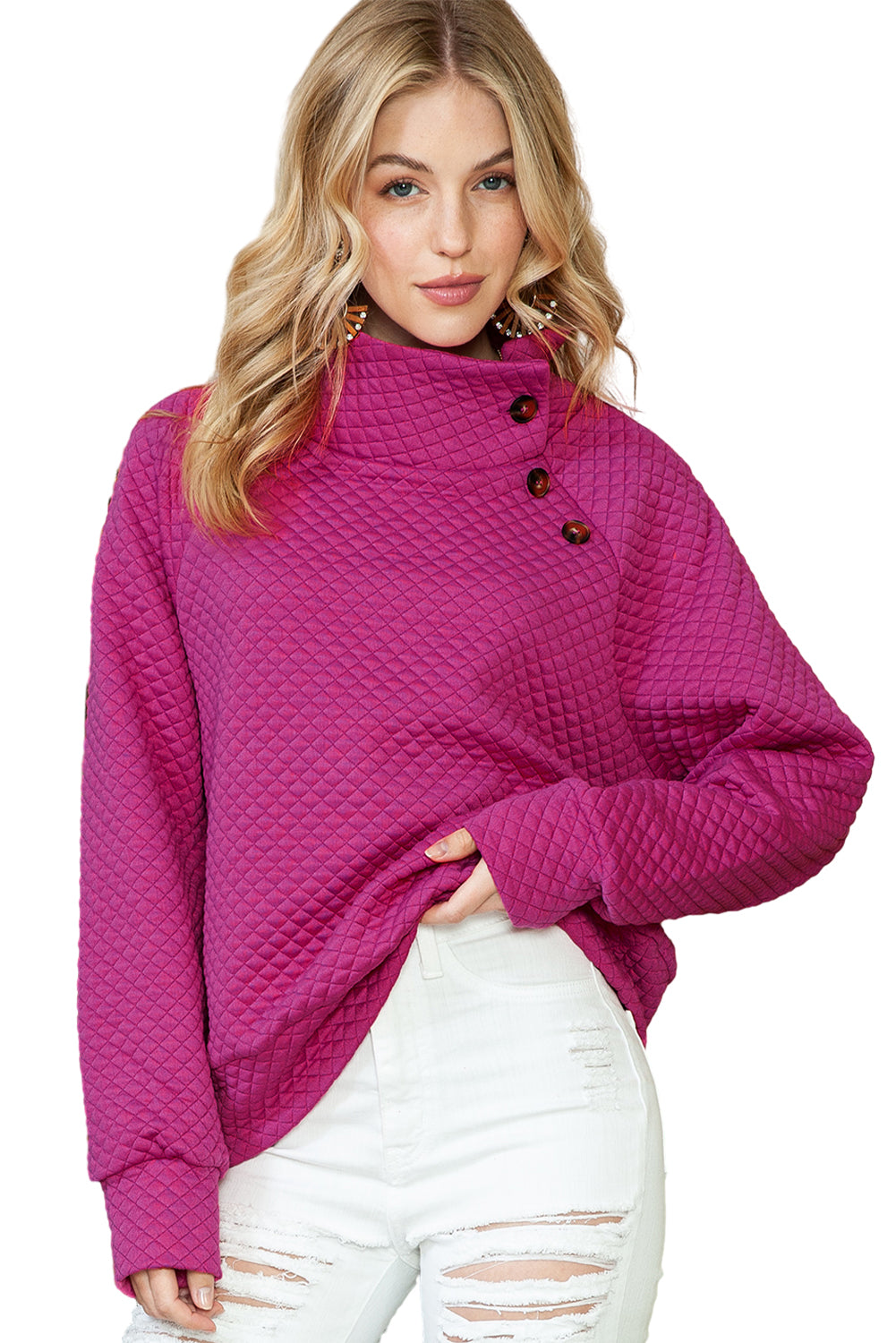 Quilted Buttoned Neck Pullover Sweatshirt