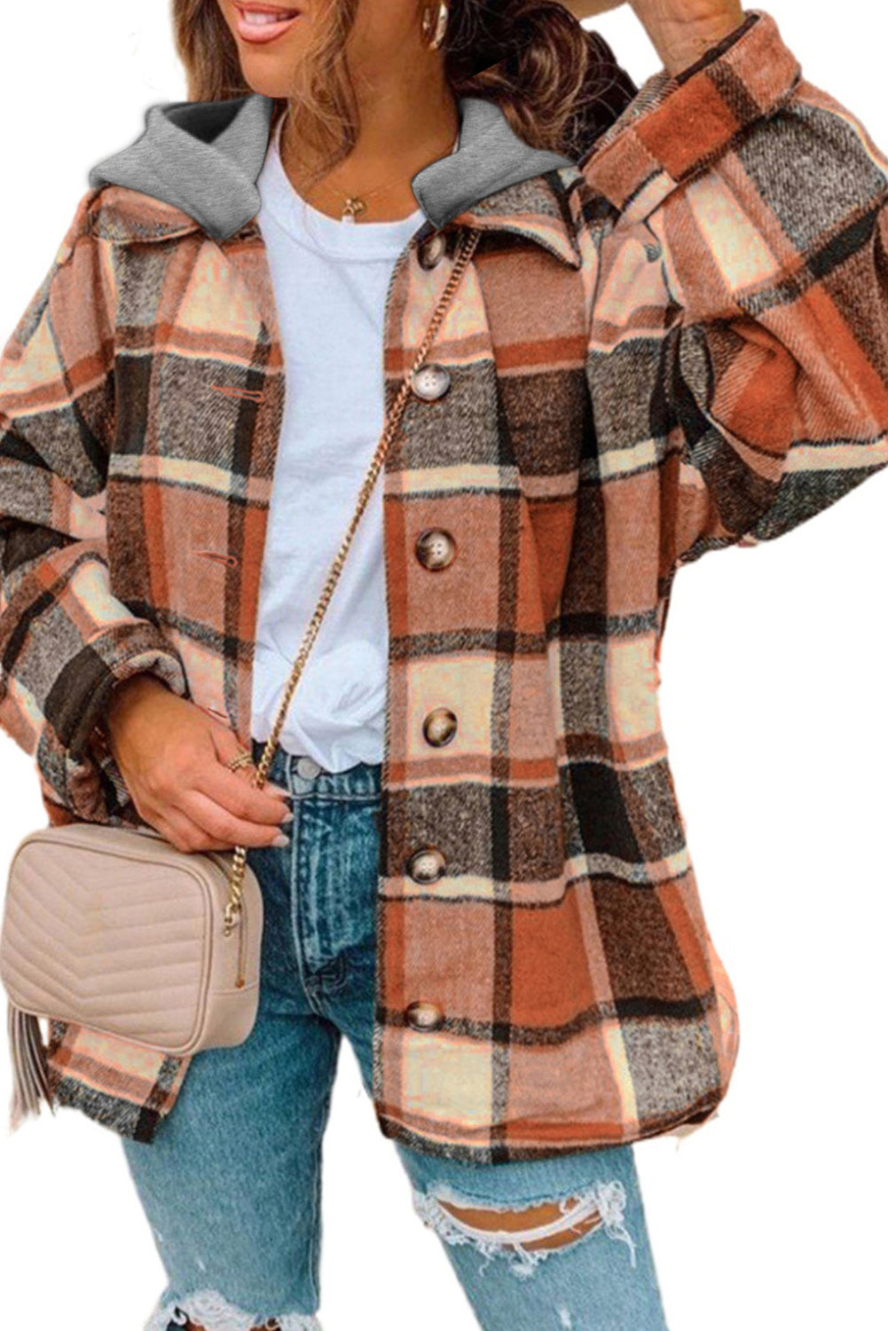 Plaid Button Front Drop Sleeve Hooded Shacket