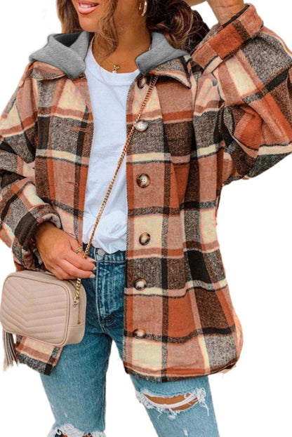 Plaid Button Front Drop Sleeve Hooded Shacket
