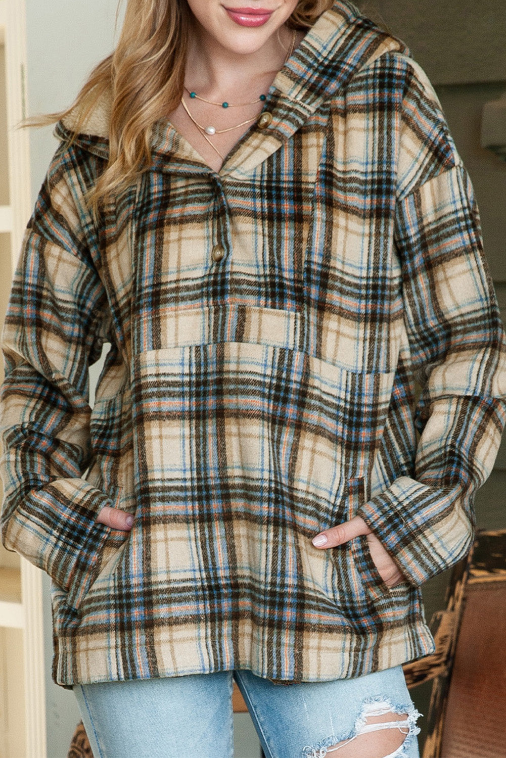 Plaid Button Neck Pocketed Pullover Hoodie