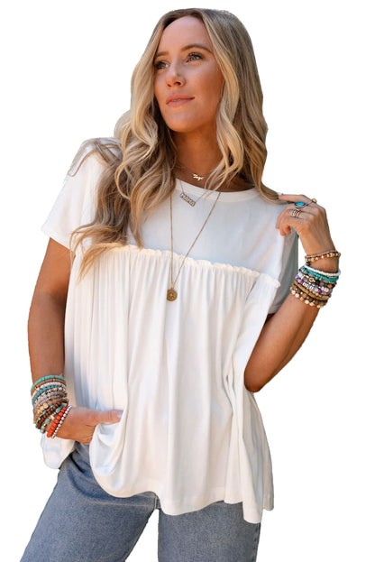 White Solid Color Frilled Loose Babydoll Blouse