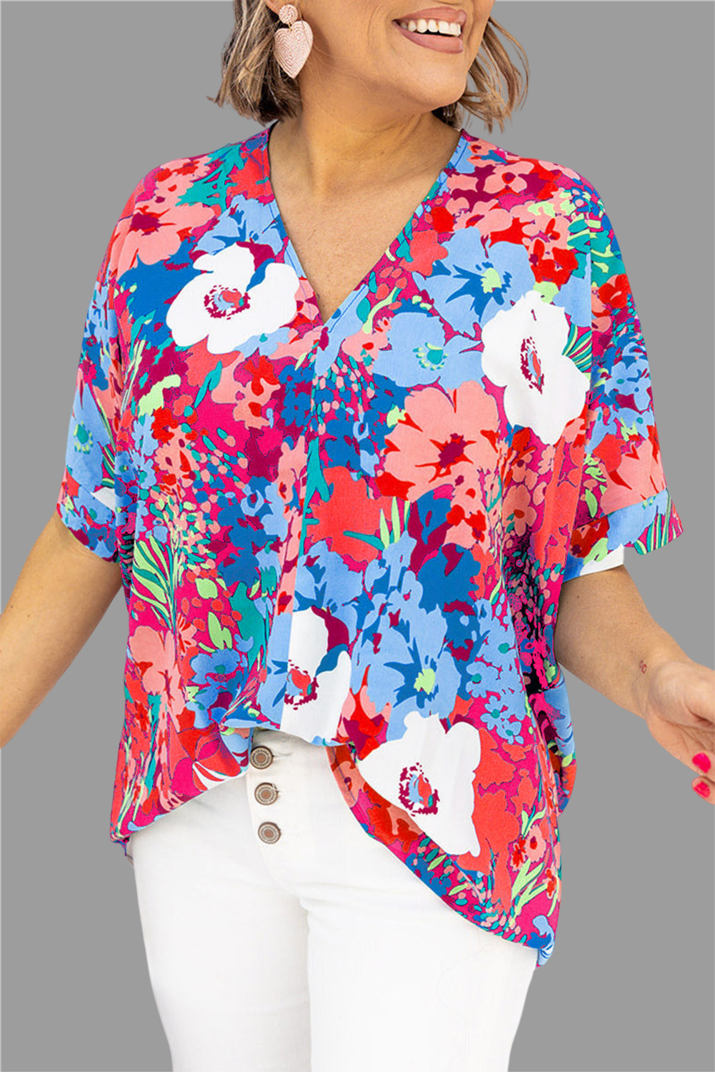 Multicolor V Neck Dolman Sleeve Plus Size Floral Blouse