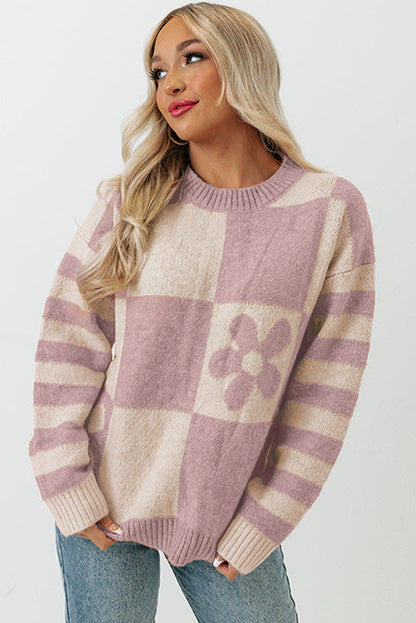 Orchid Petal Checkered and Striped Knitted Sweater