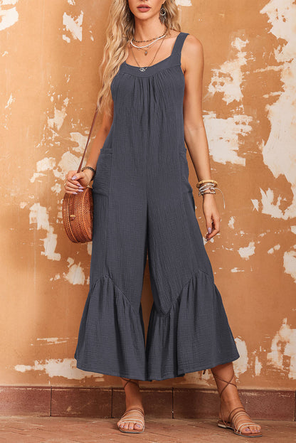 Black Solid Color Pockets Pleated Flare Leg Jumpsuit
