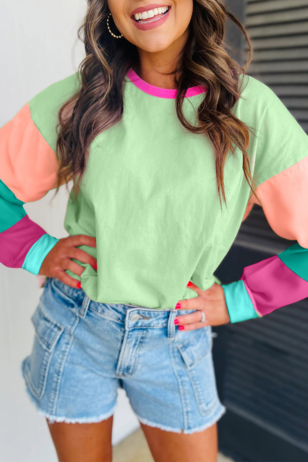 Multi Color Block Sleeve Loose Fit Top