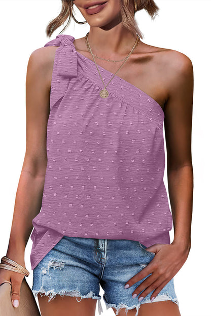 Swiss Dots Knot Asymmetric Neck Sleeveless Shirt