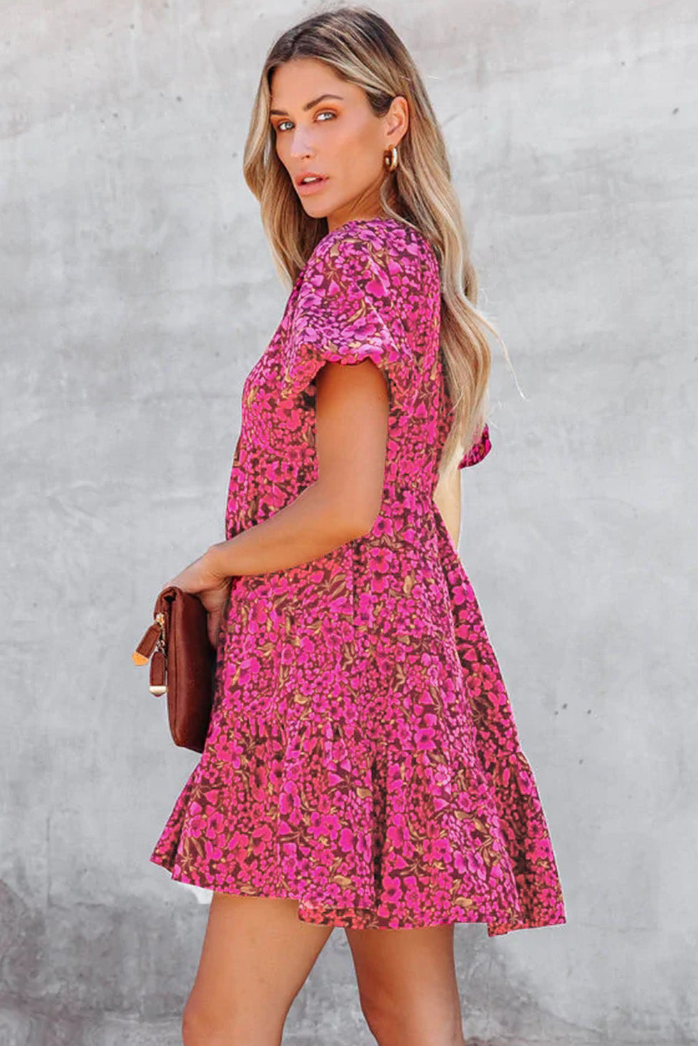 Floral Print Tiered Ruffle Sleeve V Neck Boho Top