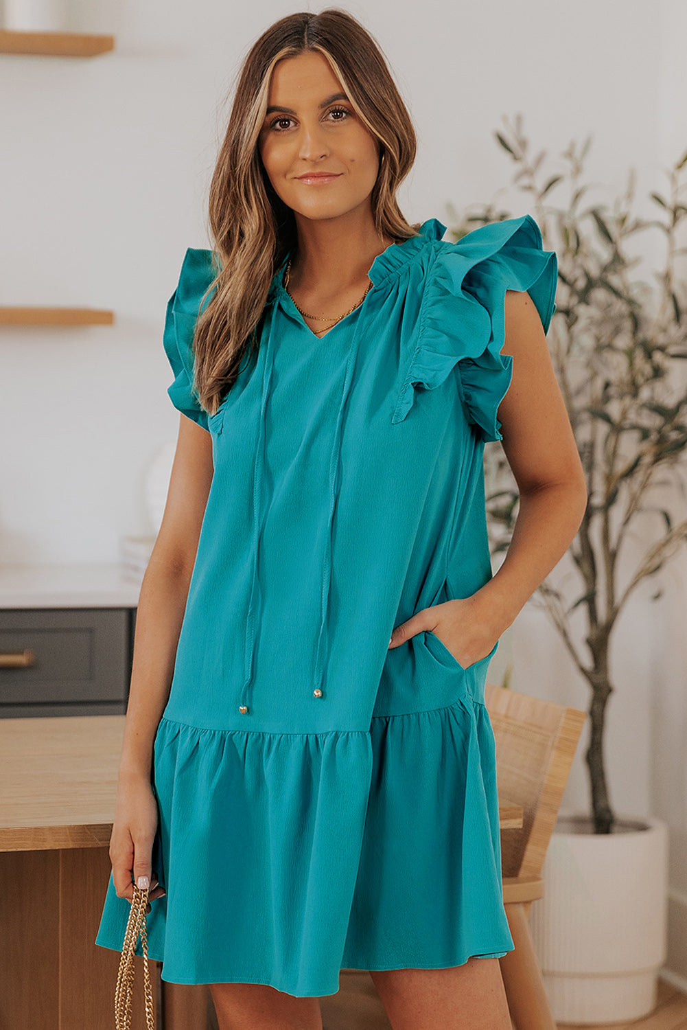 Tiered Ruffled Drawstring V Neck Short Dress With Pockets