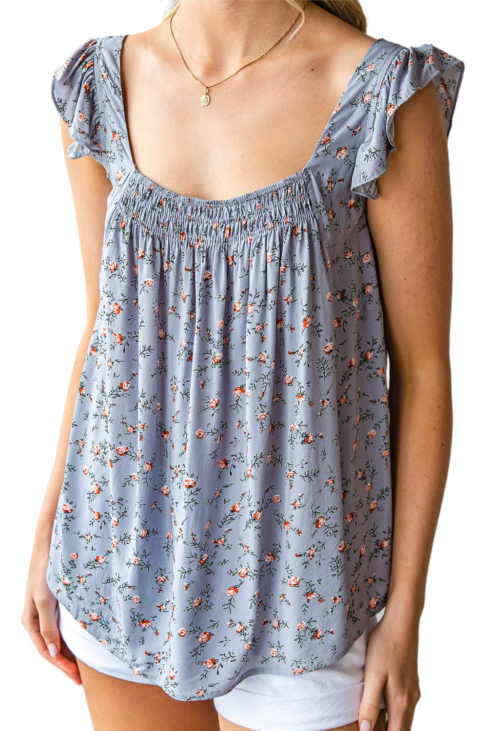 Floral Print Smocked Neck Flounce Sleeveless Shirt