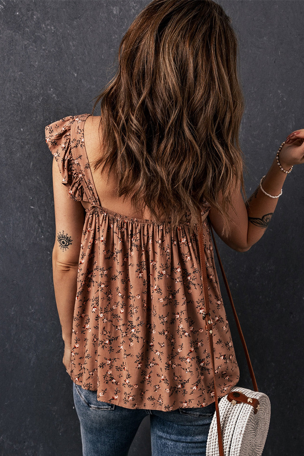 Floral Print Smocked Neck Flounce Sleeveless Shirt