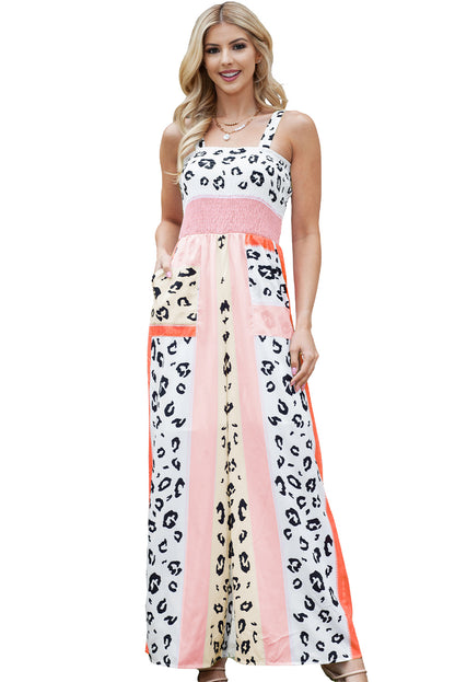 Pink Leopard Color Block Patchwork Strap Jumpsuit