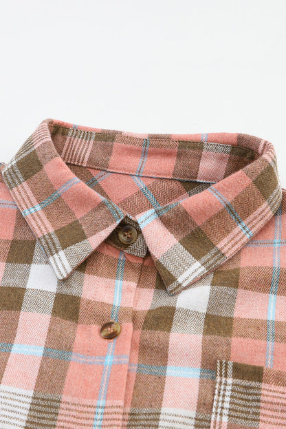 Orange Drop Shoulder Rounded Hem Plaid Pattern Shirt