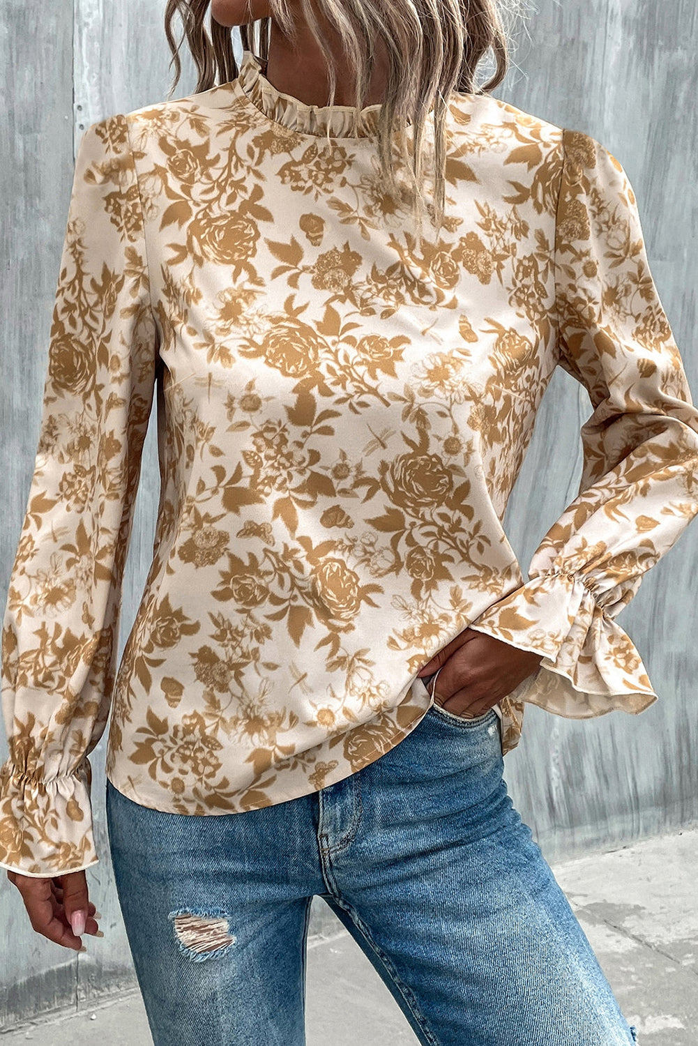 Floral Print Frilled Neckline Ruffle Cuffs Blouse