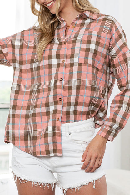 Orange Drop Shoulder Rounded Hem Plaid Pattern Shirt