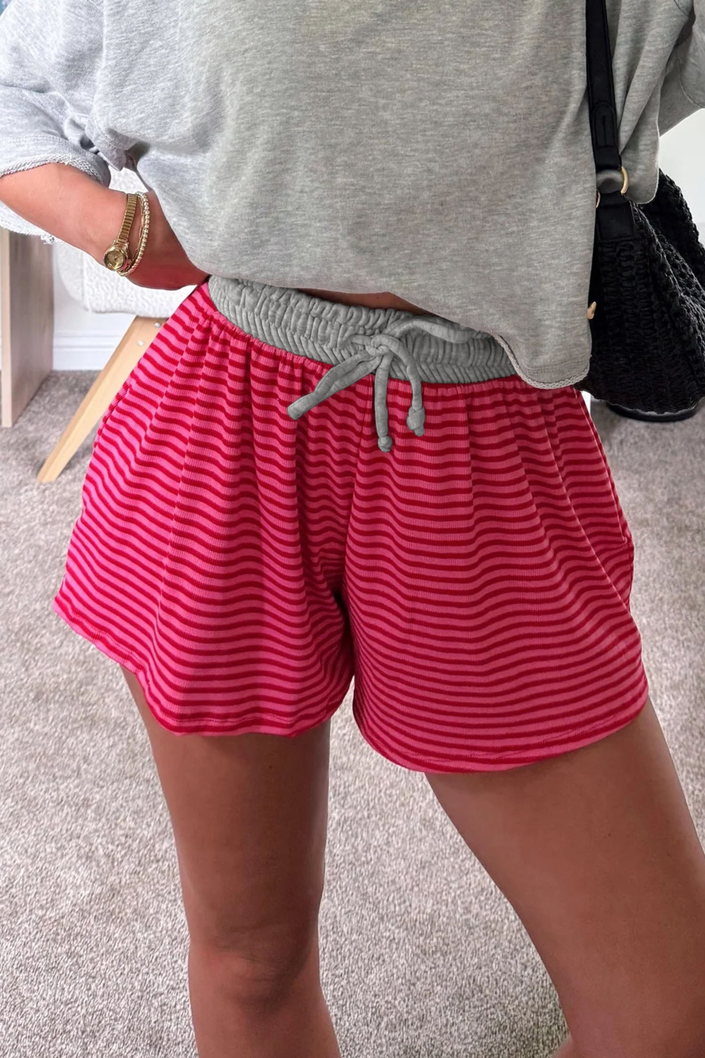 Rose Stripe Contrast Elastic Waist Casual Ribbed Shorts