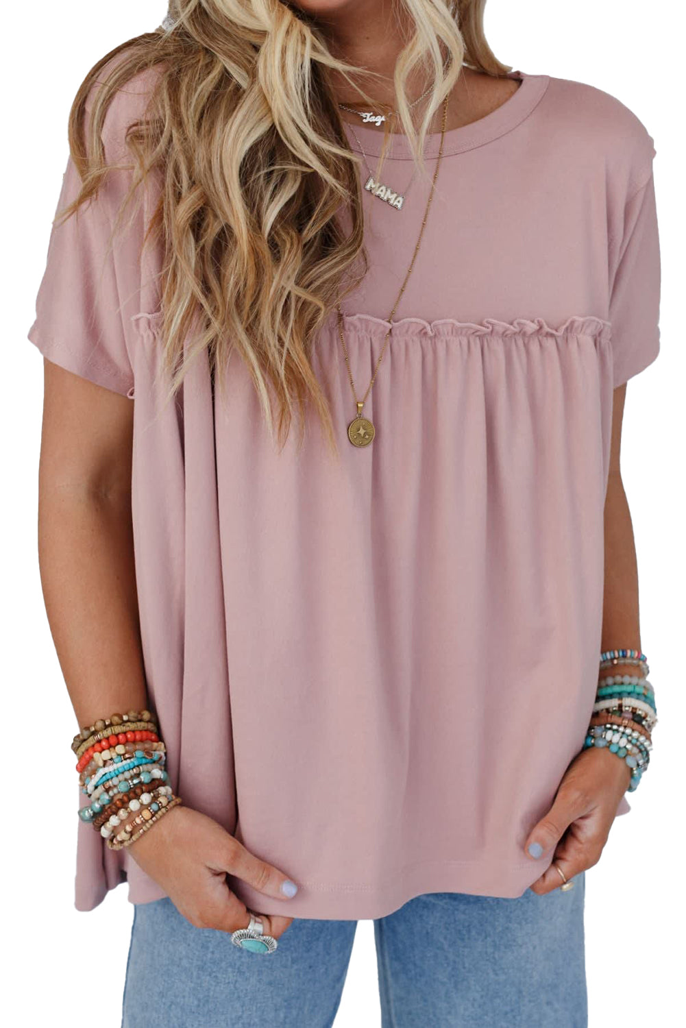White Solid Color Frilled Loose Babydoll Blouse