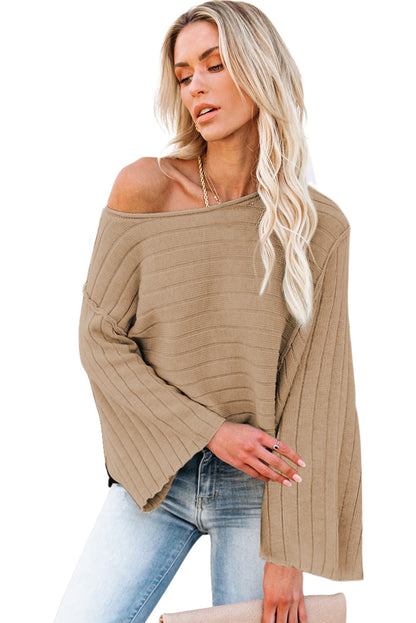 Brown Ribbed Knit Exposed Seam Dolman Sweater