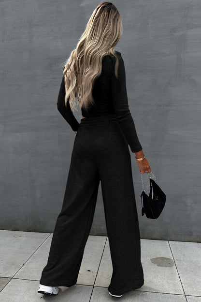 Black Long Sleeve Crop Top And Wide Leg Pants Set