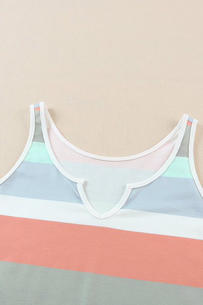 Multicolor Striped Color Block Notched Neck Tank Top