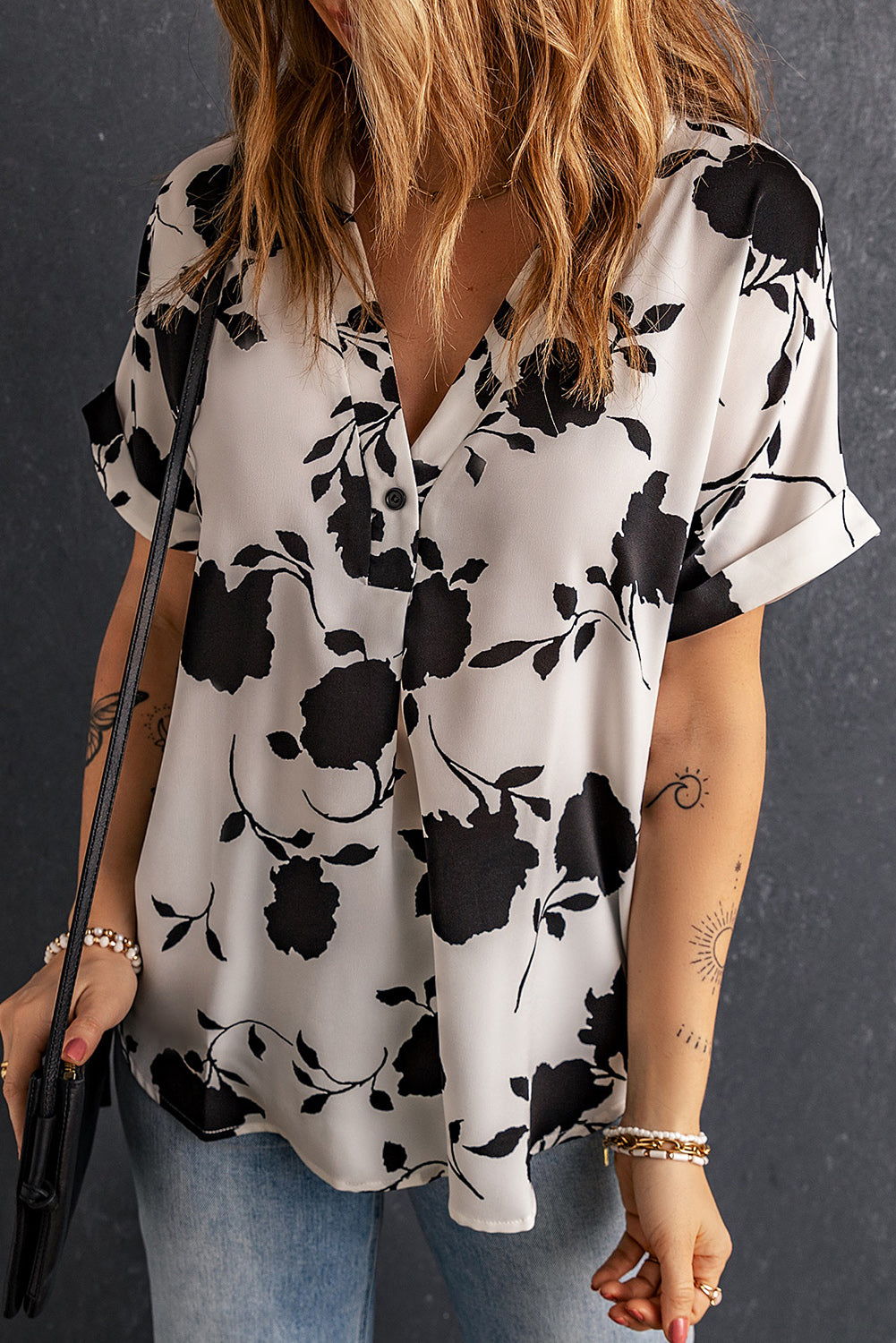 Floral Print Casual Roll Up Sleeve Blouse