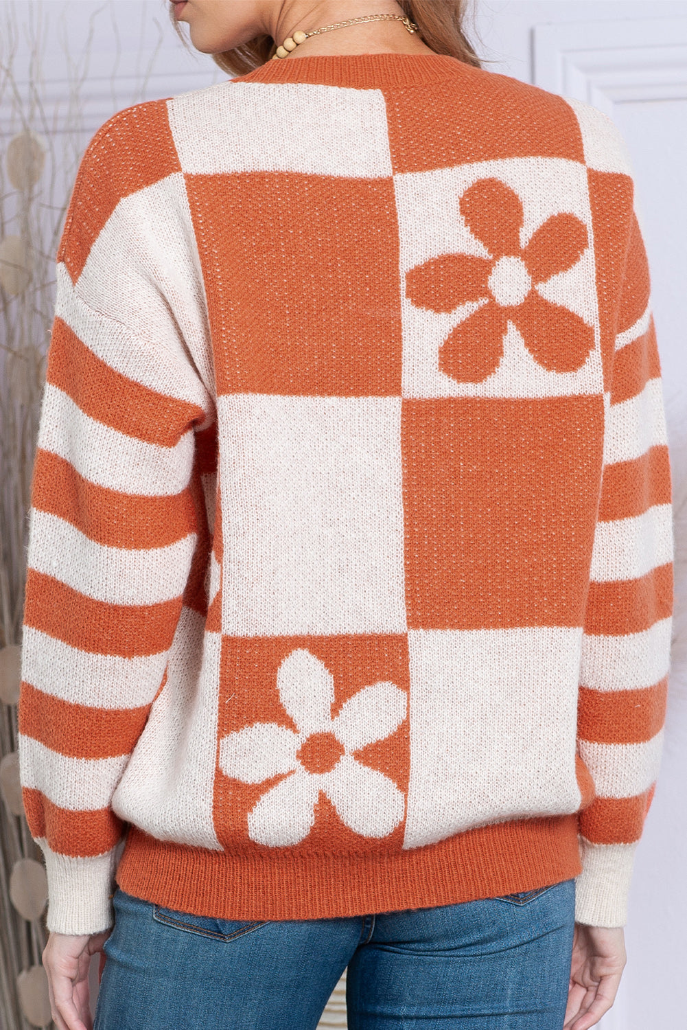 Orchid Petal Checkered and Striped Knitted Sweater