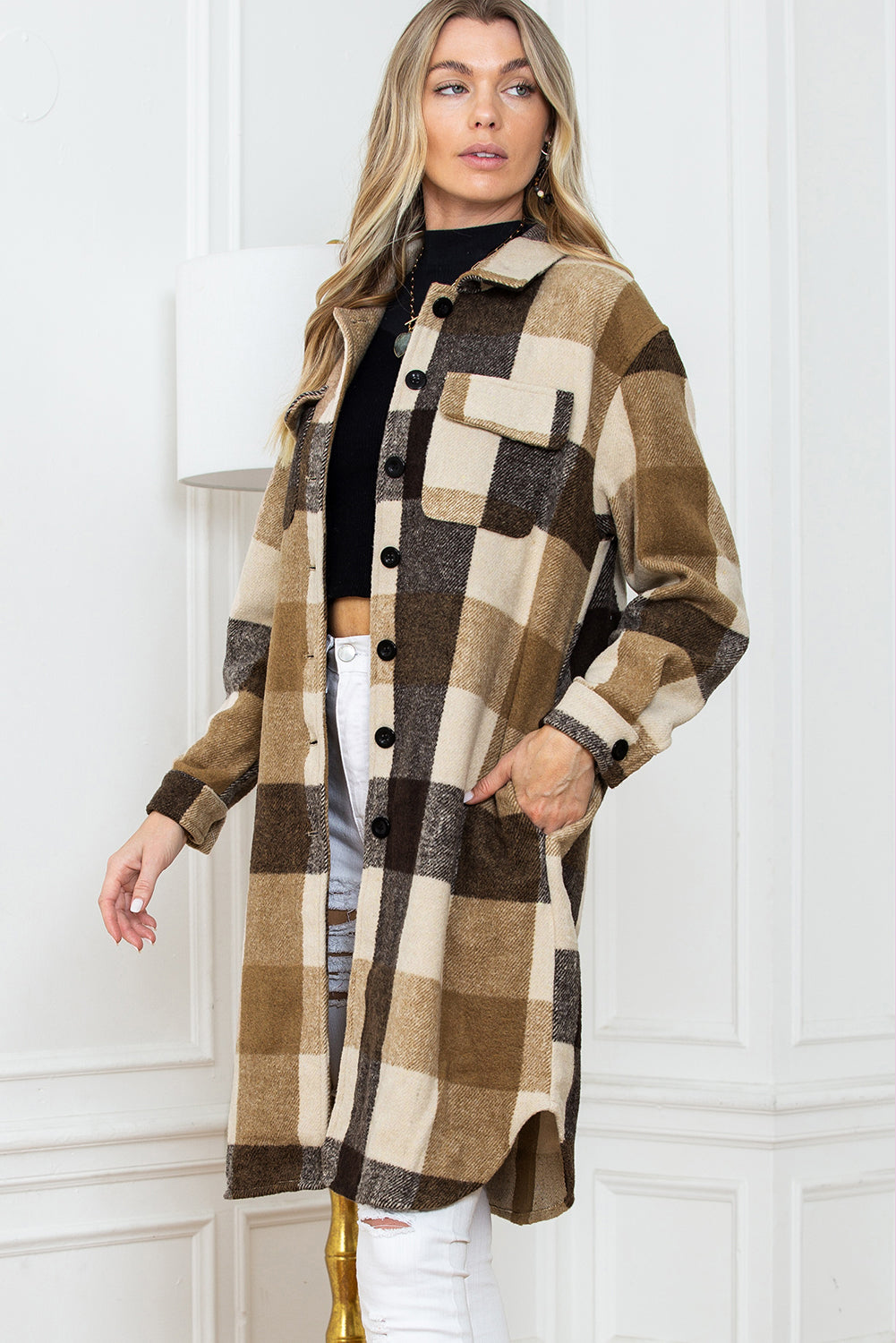 Khaki Plaid Colorblock Button Down Flap Pocket Long Shacket