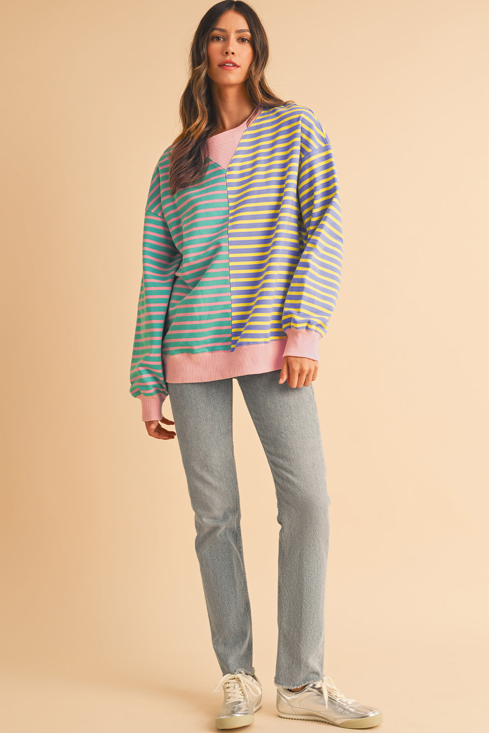 Stripe Colorblock Drop Shoulder Oversize Sweatshirt