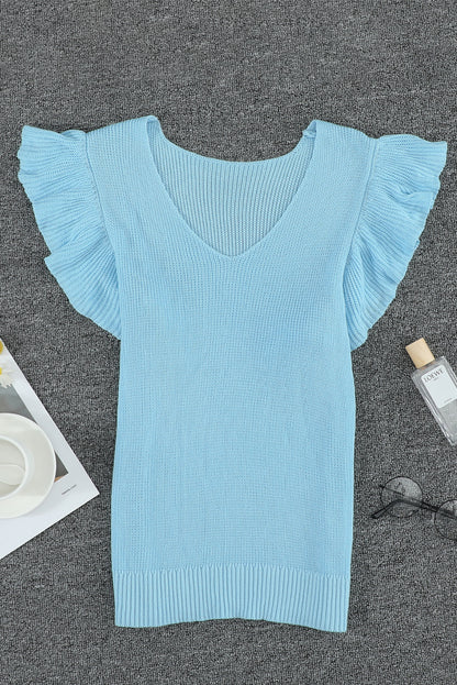 Khaki Ruffle V Neck Casual Sleeveless Knit Top