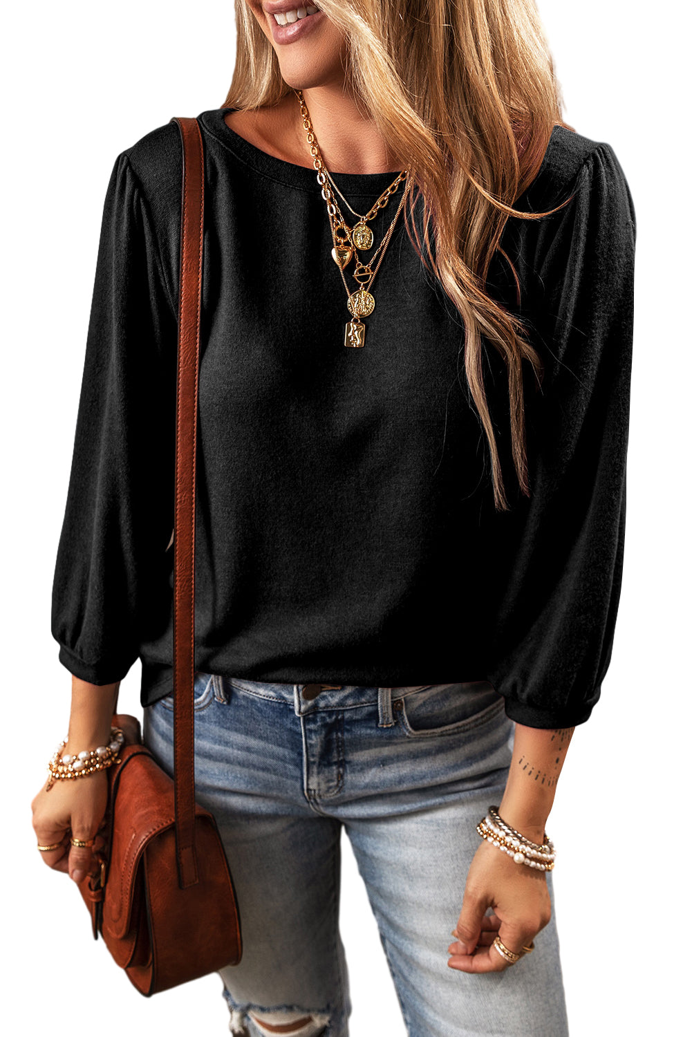 Solid Color 3/4 Puff Sleeve Round Neck Top