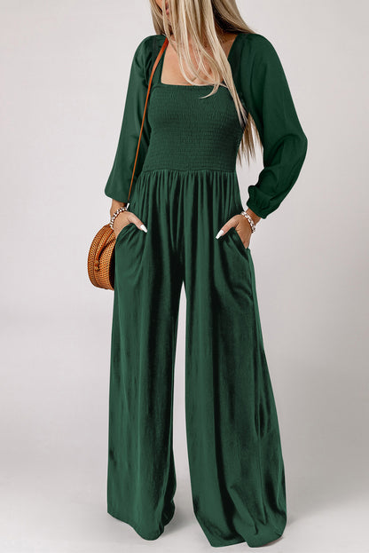 Smocked Square Neck Long Sleeve Wide Leg Jumpsuit