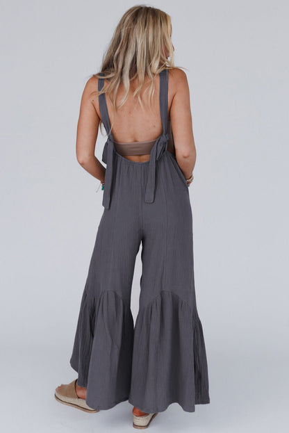 Black Solid Color Pockets Pleated Flare Leg Jumpsuit