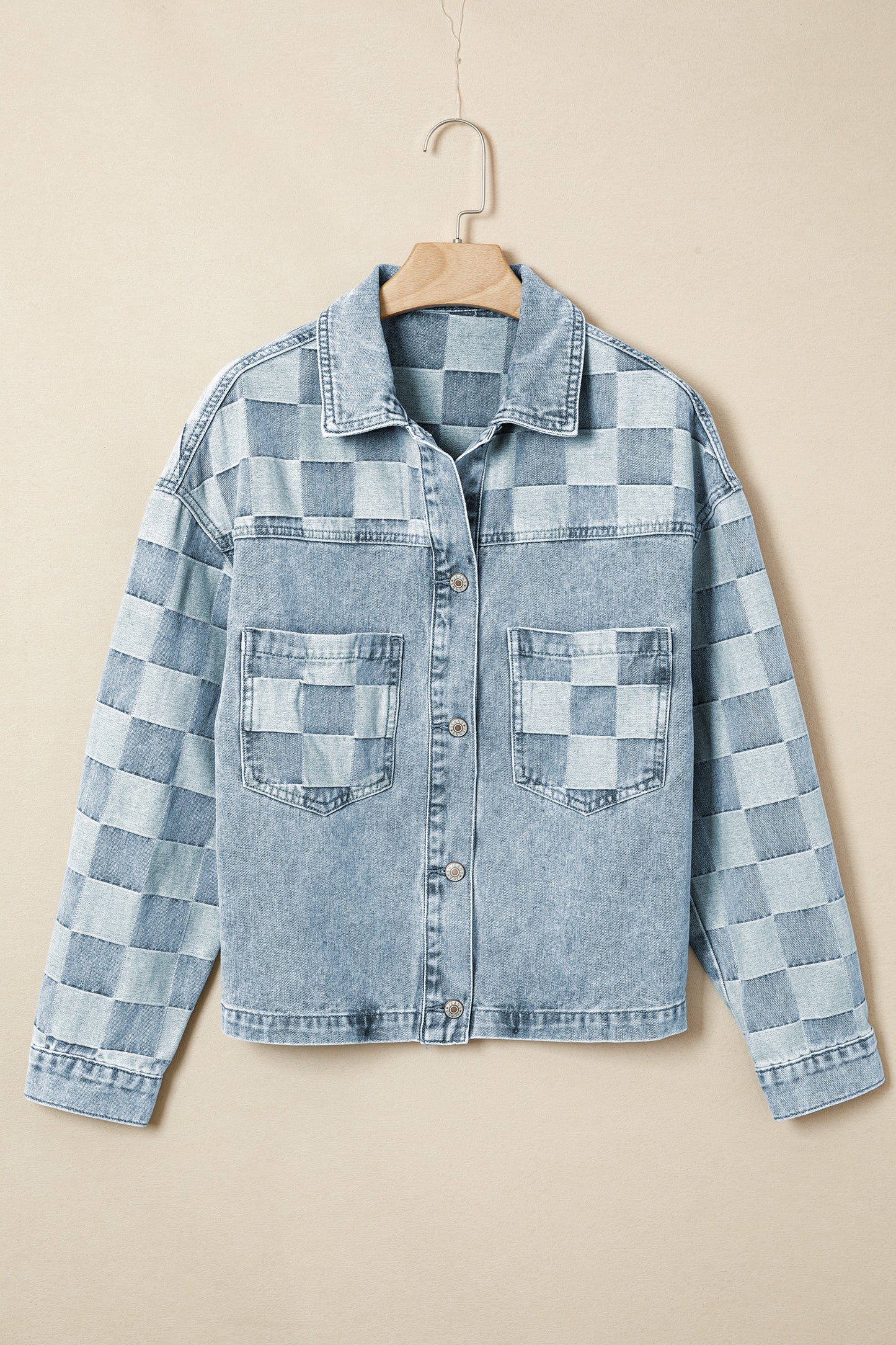 Beau Blue Denim Checkered Pattern Patchwork Womens Casual Jacket