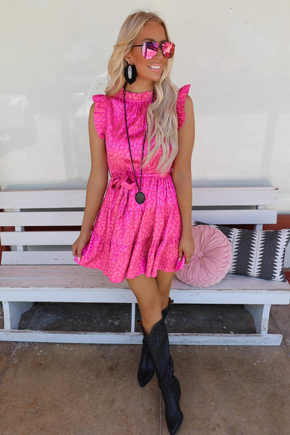 Rosy Satin Jacquard Sleeveless A-Line Leopard Print Dress