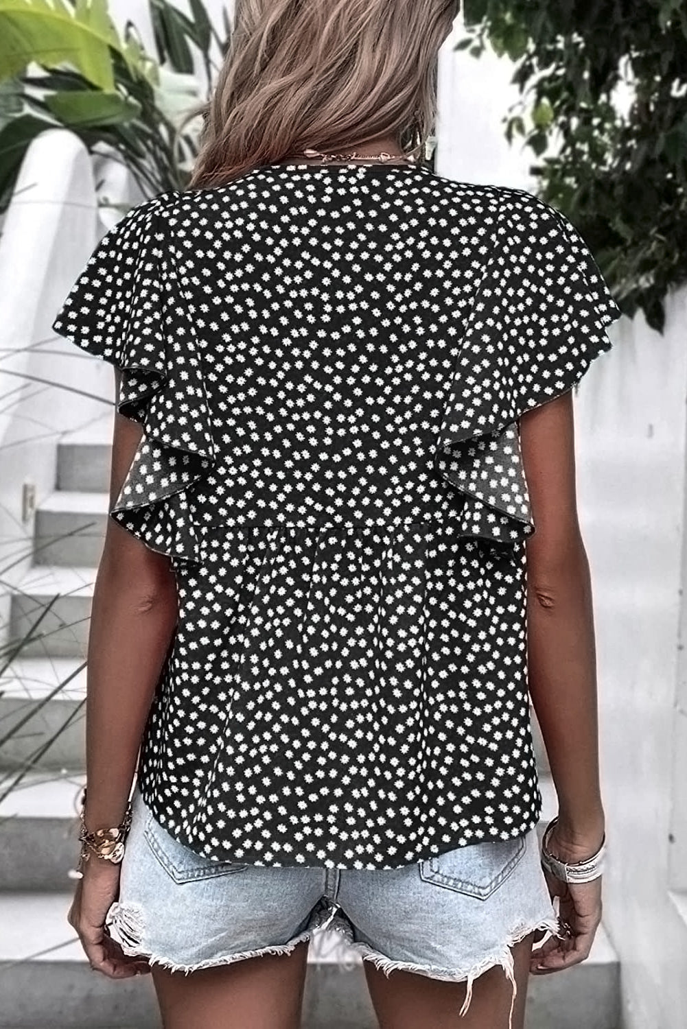 Blue Floral Print V Neck Ruffle Sleeve Blouse