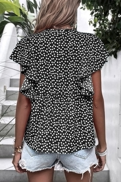 Blue Floral Print V Neck Ruffle Sleeve Blouse