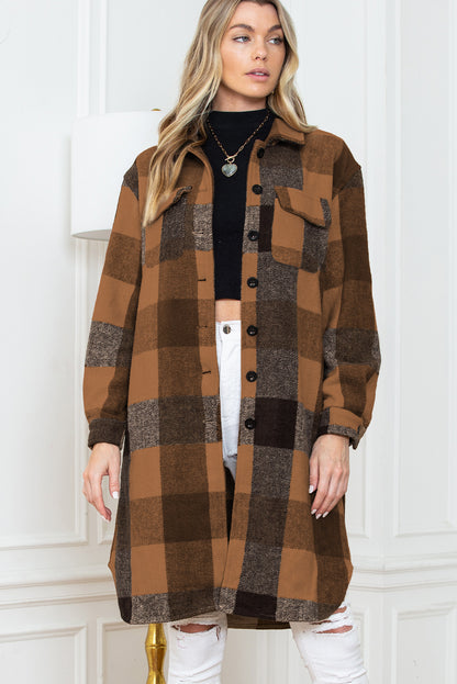 Khaki Plaid Colorblock Button Down Flap Pocket Long Shacket