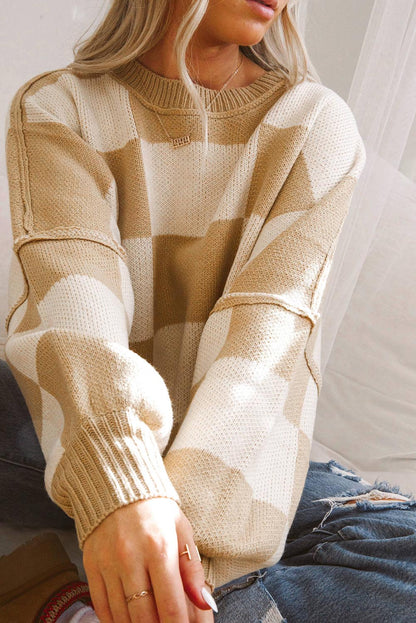 Orange & White Plaid Exposed Seam Bishop Sleeve Sweater
