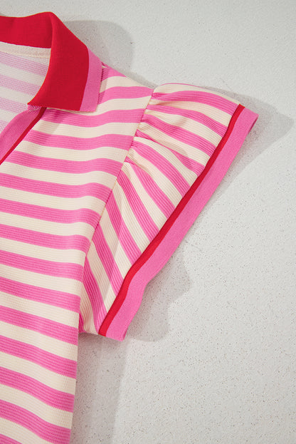 Sachet Pink Striped Ruffle Short Sleeve Pop of Color Neckline Dress