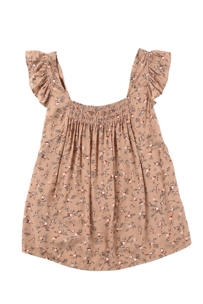 Floral Print Smocked Neck Flounce Sleeveless Shirt