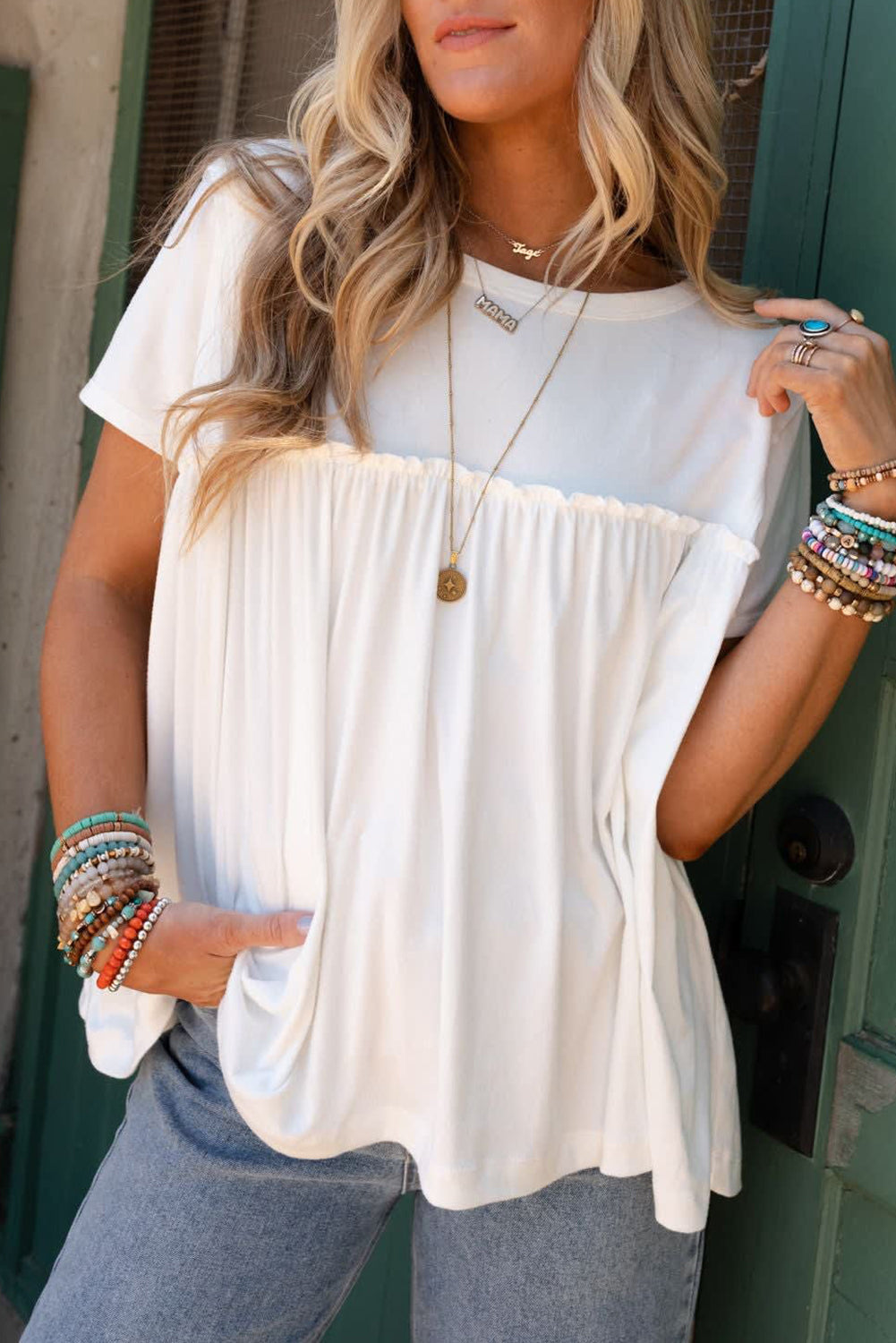 White Solid Color Frilled Loose Babydoll Blouse