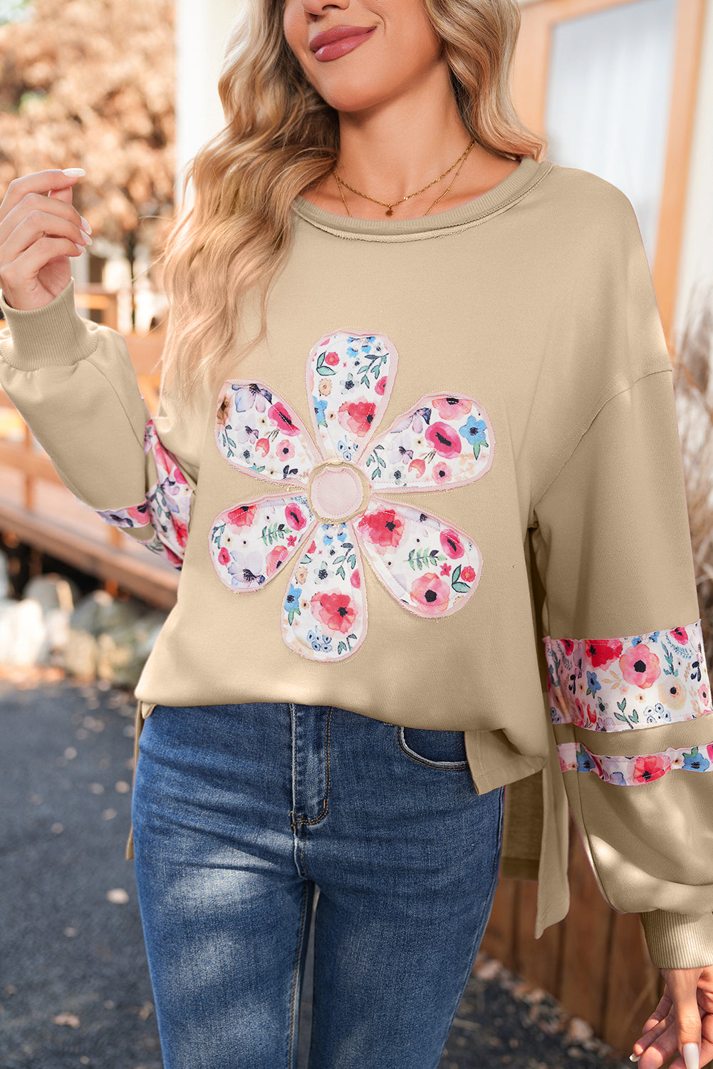 Peach Blossom Flower Applique Patchwork Drop Sleeve Pullover Sweatshirt