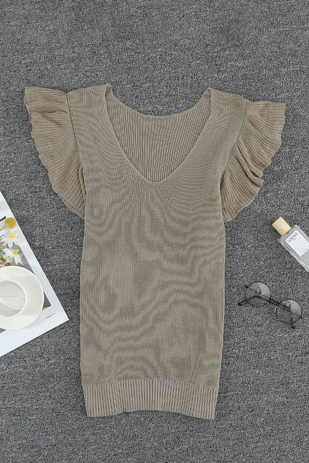Khaki Ruffle V Neck Casual Sleeveless Knit Top
