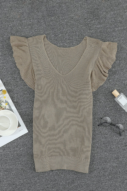 Khaki Ruffle V Neck Casual Sleeveless Knit Top