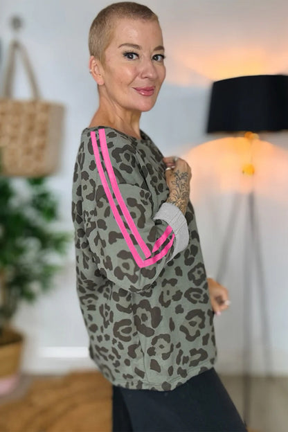 Gray Leopard Print Varsity Striped Trim Long Sleeve Top