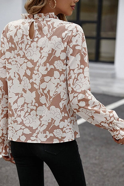 Floral Print Frilled Neckline Ruffle Cuffs Blouse