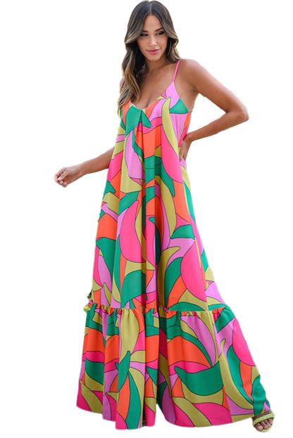 Multicolor Geometric Colorblock V Neck Tiered Maxi Dress