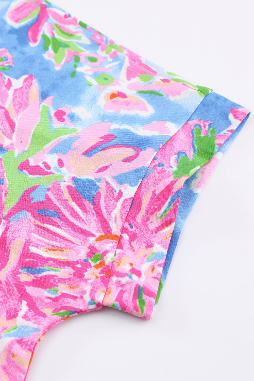 Abstract Floral Print Split V Neck Short Sleeve Blouse