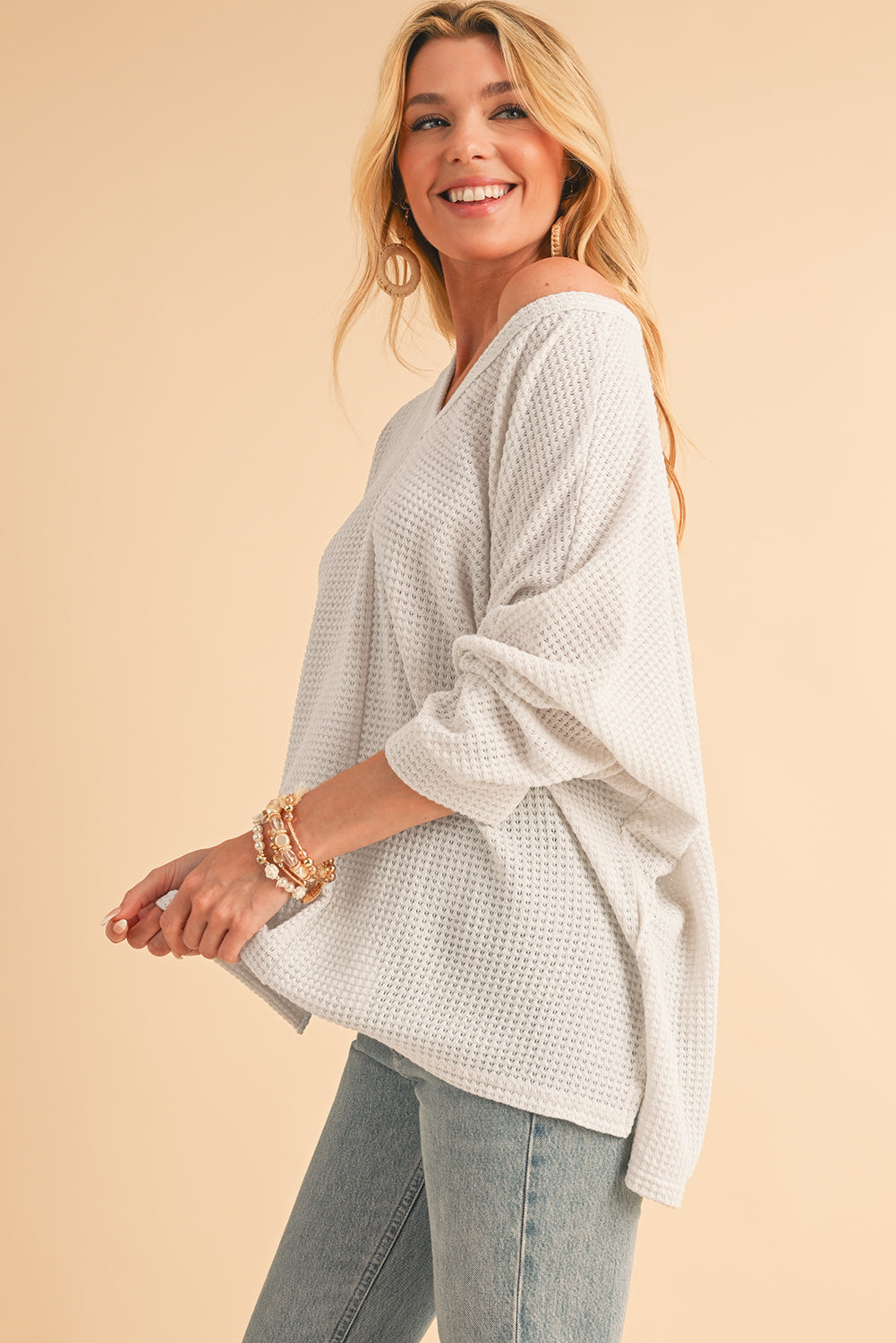 Waffle Knit Side Slits Loose Fit V Neck Top