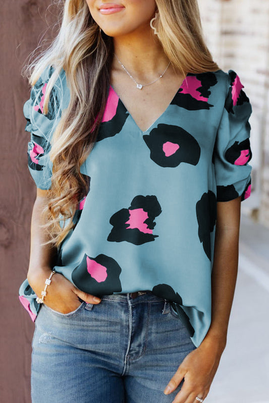 V Neck Ruched Short Sleeve Leopard Print Short Sleeve Blouse